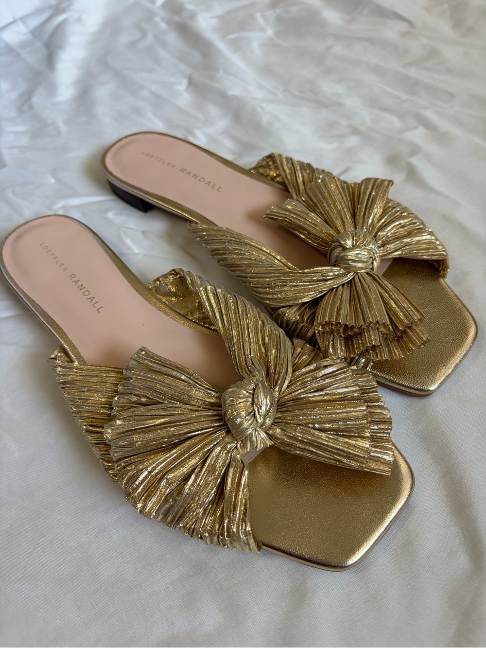 Loeffler Randall Daphne Pleated Bow Slide Sandals in Metallic Gold